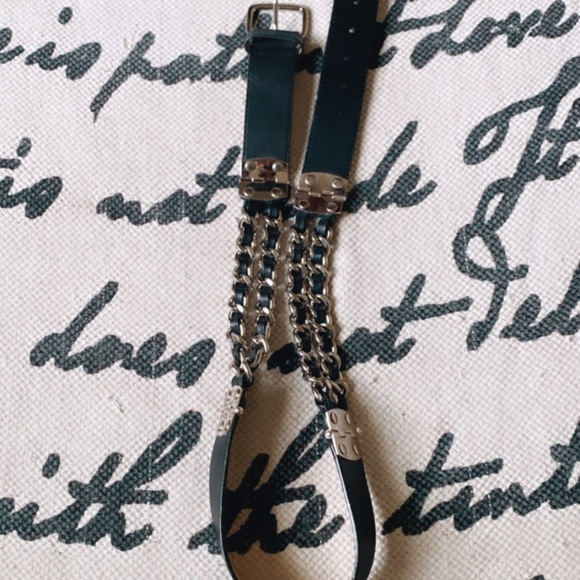 Black Genuine Leather Belt with chain Details
